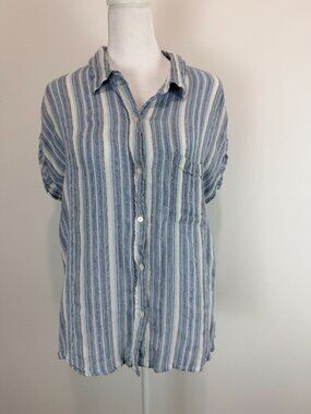 ✨ En Creme Women’s Blue & White Striped Button Front Blouse Size Medium ✨